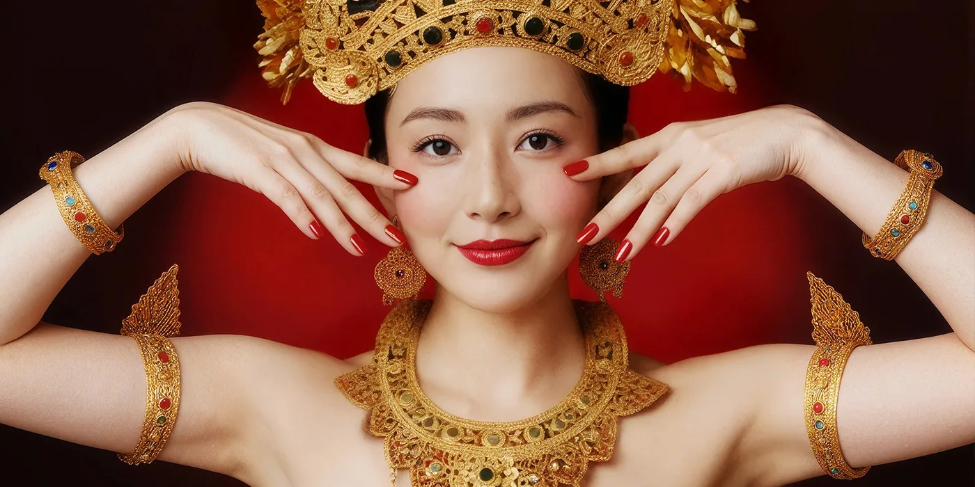 Asian woman in an elaborate golden headpiece, jewelry, red lipstick, and manicured nails. Posing her hands on her cheeks and smiling.