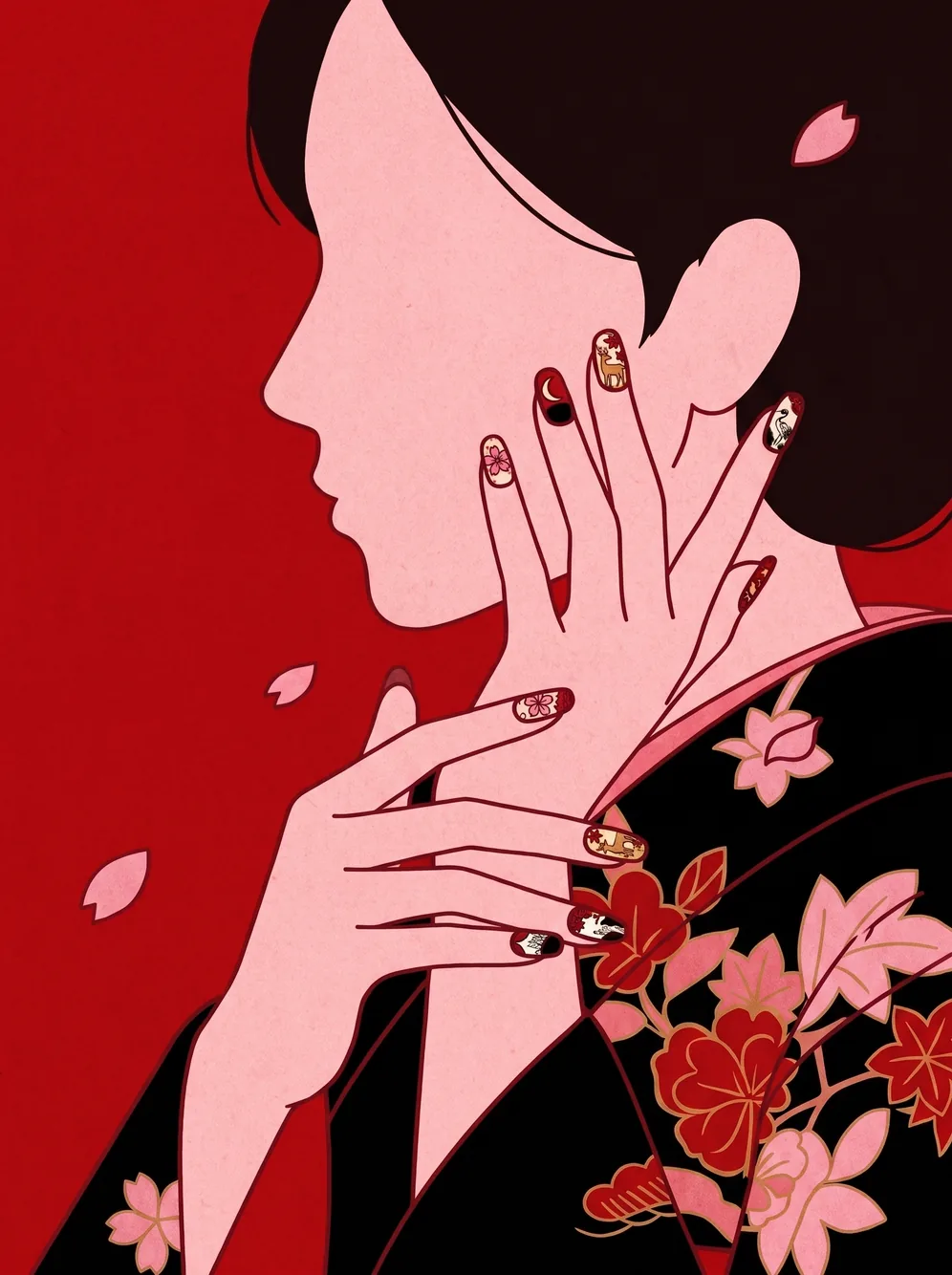 Ilustrasi Hanafuda dengan profil merah, hitam, dan motif bunga pada kuku