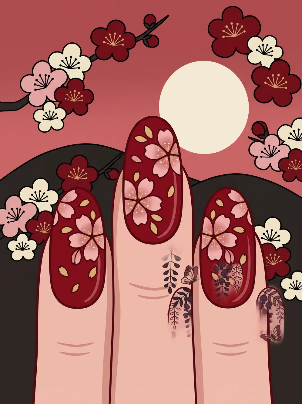 Ilustrasi kuku merah dengan motif bunga sakura dan bulan