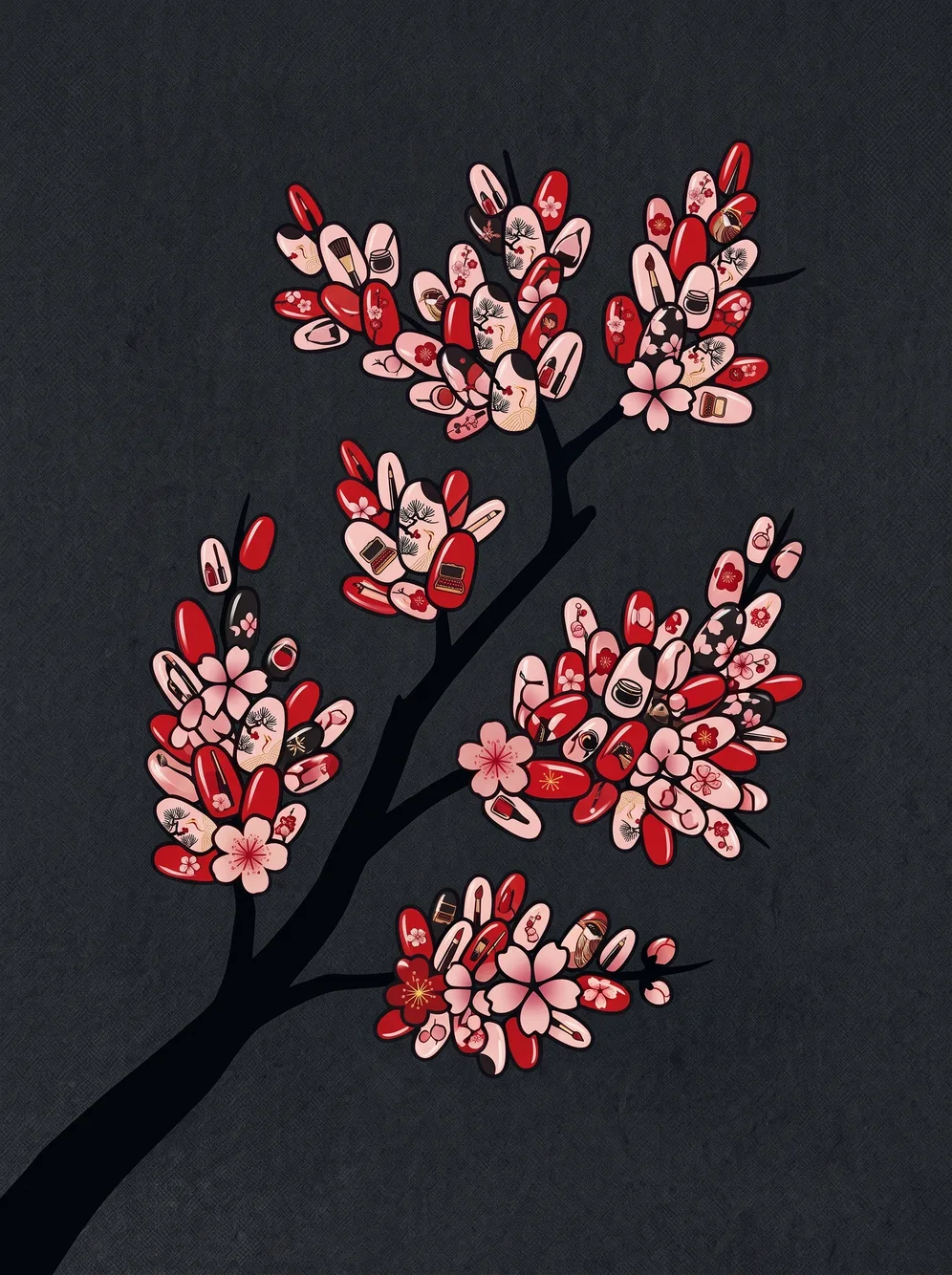 Ilustrasi pohon sakura gelap dengan bunga merah, merah muda, dan motif kuku