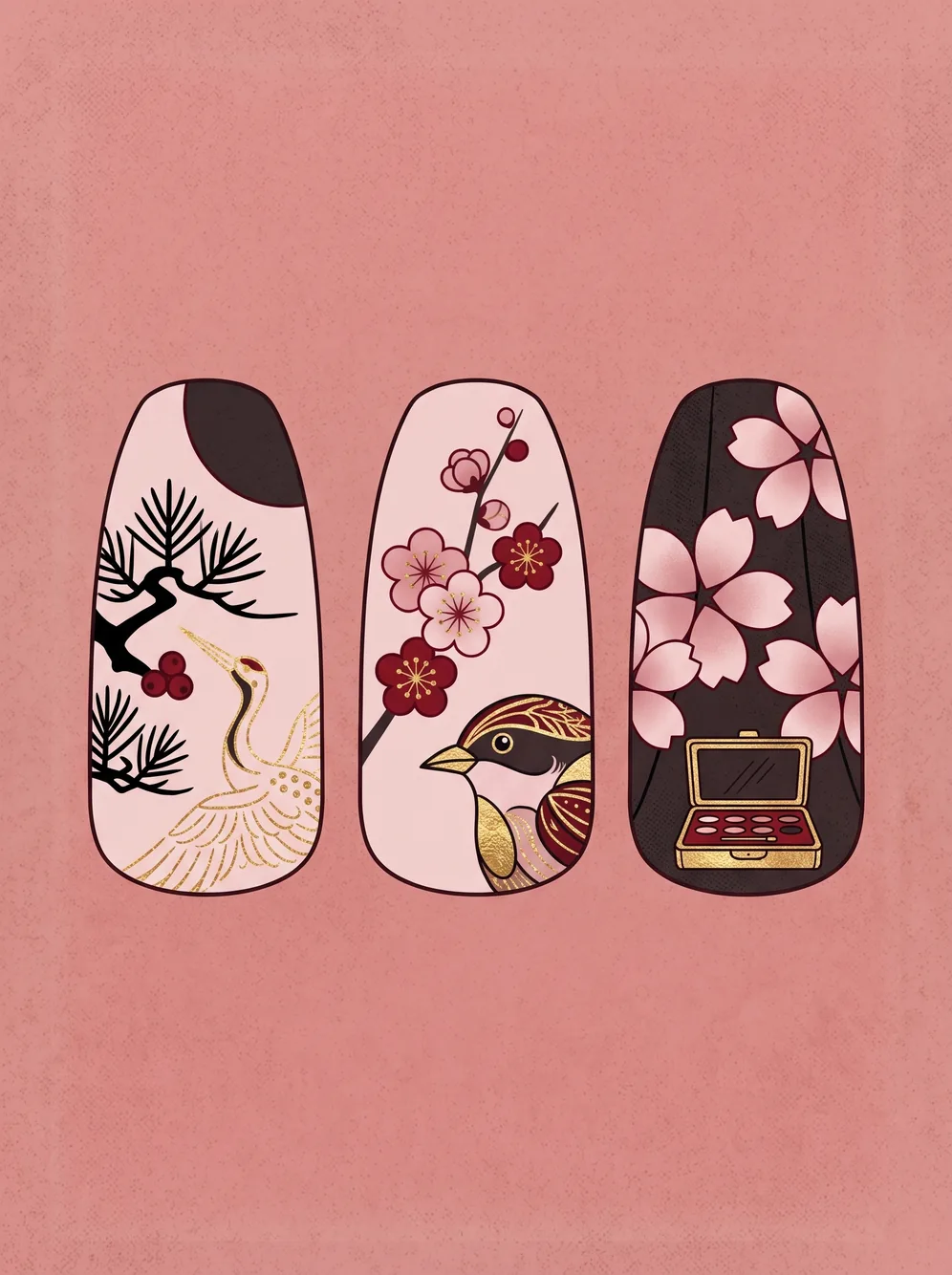 Ilustrasi tiga kuku Hanafuda dengan motif bangau, sakura, dan kosmetik